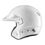 White Grand Prix racing helmet with aerodynamic design and ventilation features for motorsport safety.