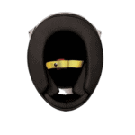 Close-up of a racing helmet with a black exterior and yellow strap, designed for motorsport safety and performance.