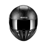 Carbon fibre racing helmet by Sparco with reflective visor, designed for motorsport safety and performance.