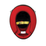 Red racing helmet with black interior and yellow chin strap, designed for motorsport safety and performance.