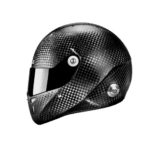 Carbon fibre racing helmet with aerodynamic design and tinted visor, suitable for motorsport enthusiasts and professional racers.