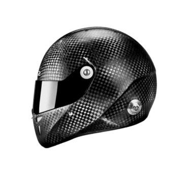 Carbon fibre racing helmet with aerodynamic design and tinted visor, suitable for motorsport enthusiasts and professional racers.