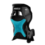 Sparco racing seat with black and blue design, featuring ergonomic support and branding for motorsport safety gear.