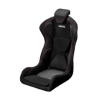 Black Sparco racing seat designed for motorsport safety and comfort, featuring adjustable headrest and side support for racing drivers.