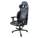 High-back racing style gaming chair with black and blue upholstery, adjustable armrests, and ergonomic design for comfort during long gaming sessions.