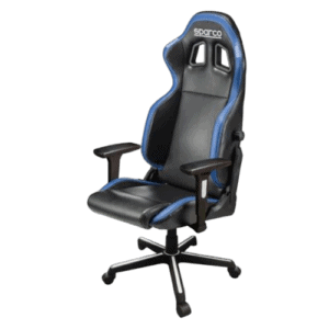 High-back racing style gaming chair with black and blue upholstery, adjustable armrests, and ergonomic design for comfort during long gaming sessions.