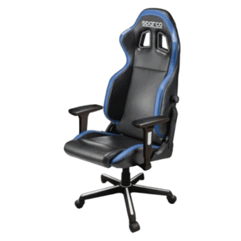 High-back racing style gaming chair with black and blue upholstery, adjustable armrests, and ergonomic design for comfort during long gaming sessions.