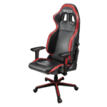 High-back racing-style gaming chair with black and red upholstery, adjustable armrests, and caster wheels for comfort and mobility.