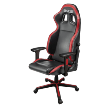 High-back racing-style gaming chair with black and red upholstery, adjustable armrests, and caster wheels for comfort and mobility.
