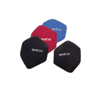 Set of Sparco racing seat belt pads in black, red, and blue for added comfort and safety during motorsport events.