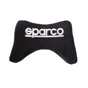 Sparco racing neck support cushion in black with white logo, designed for motorsport safety and comfort.