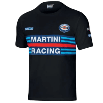 Black racing T-shirt featuring Martini Racing logo and sponsor patches, ideal for motorsport fans and racing enthusiasts.