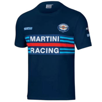 Martini Racing Formula 1 team T-shirt in navy blue with sponsor logos and racing stripes, ideal for motorsport fans and collectors.