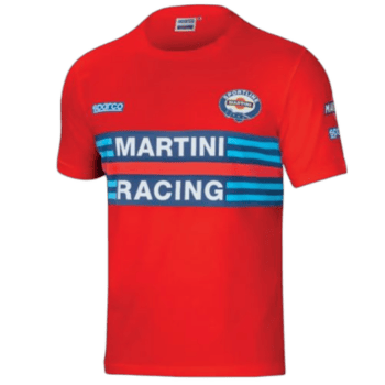 Red racing T-shirt with Martini Racing logo and sponsor patches, ideal for motorsport fans and racewear enthusiasts.