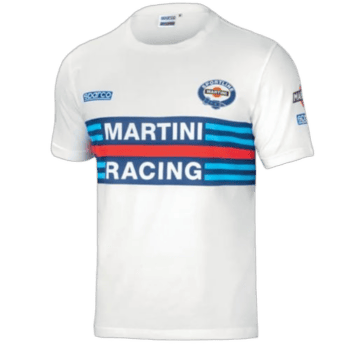 White racing T-shirt featuring Martini Racing logo and stripes, ideal for motorsport fans and racing enthusiasts.