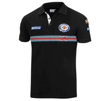 Black racing polo shirt with Martini Racing and sponsor logos, featuring a classic striped design, ideal for motorsport enthusiasts and racewear fans.