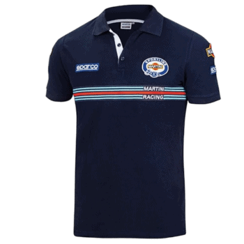 Grand Prix Racewear polo shirt featuring Martini Racing and Motorsport logos, designed for motorsport enthusiasts and racing fans.