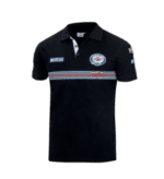 Black Grand Prix Racewear polo shirt with racing logo and sponsor patches, ideal for motorsport enthusiasts and race team members.