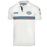 White racing polo shirt with Martini Racing and Sparco logos, featuring blue and red stripes, designed for motorsport enthusiasts.