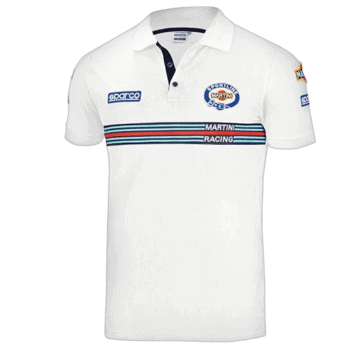 Martini Racing polo shirt with sponsor logos and racing stripes, ideal for motorsport fans and racing events.