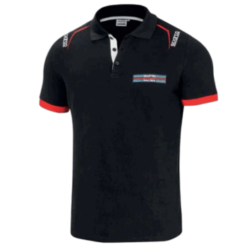Black Grand Prix Racewear polo shirt with red accents and racing logo, ideal for motorsport enthusiasts and professionals.