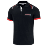 Black Grand Prix Racewear polo shirt with red accents and racing logo, designed for motorsport enthusiasts and professionals.