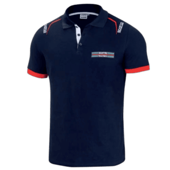 Grand Prix Racewear navy polo shirt with red accents and racing logo, perfect for motorsport enthusiasts and team uniforms.