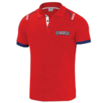 Red racing polo shirt with racing stripes and branding, ideal for motorsport enthusiasts and racewear fans.