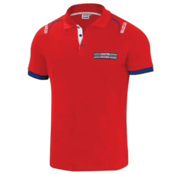 Red racing polo shirt with racing stripes and branding, ideal for motorsport enthusiasts and racewear fans.