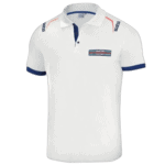White racing polo shirt with Martini Racing logo, blue and red accents, and sponsor details, designed for motorsport enthusiasts and racewear fans.