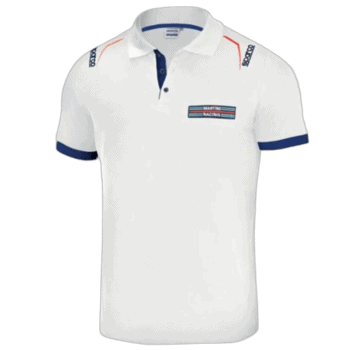 White racing polo shirt with Martini Racing logo, blue and red accents, and sponsor details, designed for motorsport enthusiasts and racewear fans.