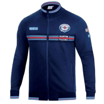 Martini Racing racing jacket with sponsor logos, blue colour, and racing stripes, designed for motorsport enthusiasts and fans of Grand Prix racing.