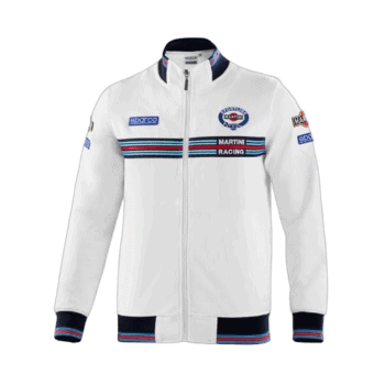 White racing jacket with Martini Racing and Sparco logos, featuring blue, red, and black stripes, designed for motorsport enthusiasts.