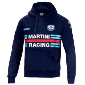 Grand Prix Racewear hoodie featuring Martini Racing logo and vibrant racing stripes, ideal for motorsport fans and racing enthusiasts.
