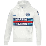 White racing hoodie with Martini Racing logo and stripes, perfect for motorsport fans and racewear enthusiasts.