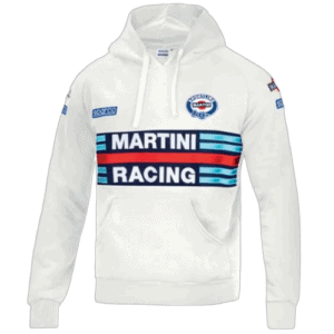 White racing hoodie with Martini Racing logo and stripes, perfect for motorsport fans and racewear enthusiasts.