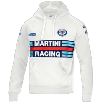 White racing hoodie with Martini Racing logo and stripes, perfect for motorsport fans and racewear enthusiasts.