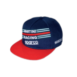 Grand Prix Racewear cap with Martini Racing design, blue crown, red brim, and white logo details, ideal for motorsport enthusiasts and racing fans.