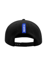 Black Sparco racing cap with blue logo, adjustable strap at the back, designed for motorsport enthusiasts.