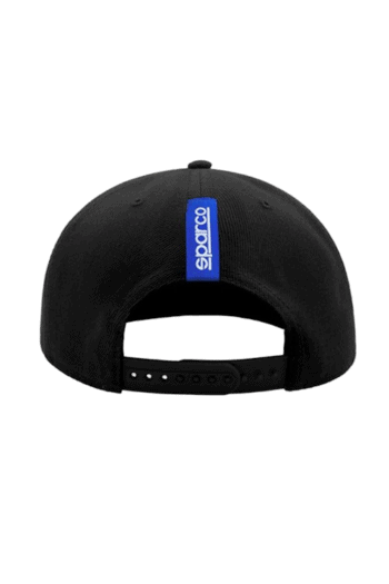 Black Sparco racing cap with blue logo, adjustable strap at the back, designed for motorsport enthusiasts.