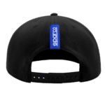 Black Sparco cap with blue logo on a black background, rear view showing adjustable strap.