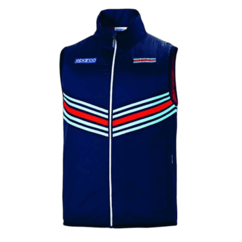 Grand Prix Racewear sleeveless racing vest in blue with red, white, and light blue stripes, featuring Sparco and Martini logos for motorsport enthusiasts.