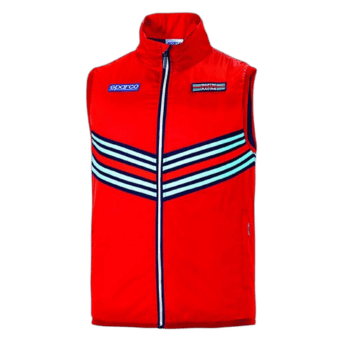 Red Grand Prix Racewear vest with blue and white stripe details, featuring Sparco and Arai logos, designed for motorsport safety and performance.