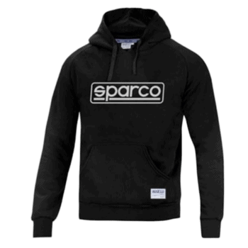 Black Sparco hoodie with white logo, ideal for motorsport enthusiasts and racewear fans.