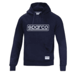 Navy blue Sparco hoodie with white logo, ideal for motorsport enthusiasts and racewear fans.