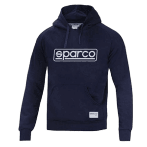 Navy blue Sparco hoodie with white logo, ideal for motorsport enthusiasts and racewear fans.