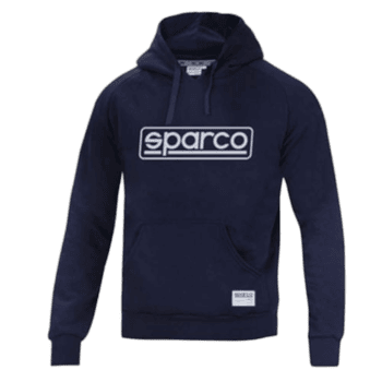 Navy blue Sparco hoodie with white logo, ideal for motorsport enthusiasts and racewear fans.