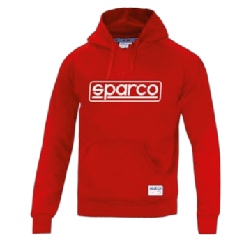 Red Sparco hoodie with white logo, ideal for motorsport enthusiasts and racewear fans.