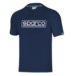 Blue Sparco racewear T-shirt with white logo, ideal for motorsport enthusiasts and racing events.