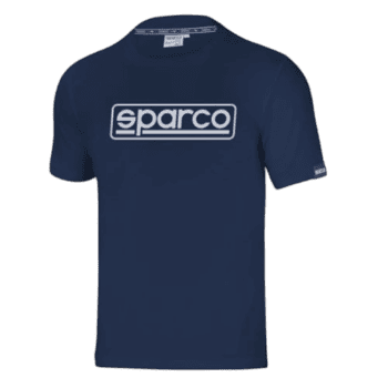 Blue Sparco racewear T-shirt with white logo, ideal for motorsport enthusiasts and racing events.
